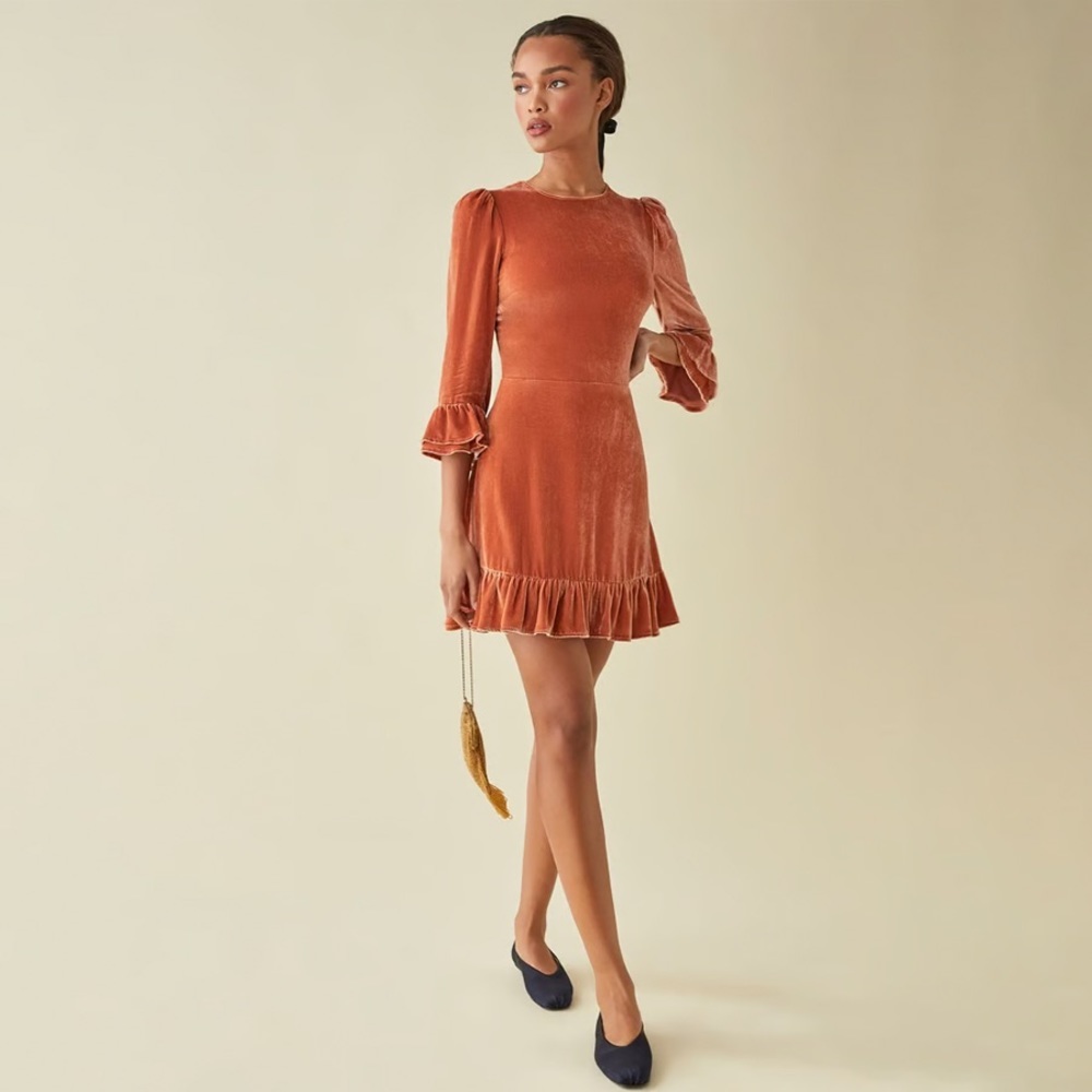 NWT - Reformation - Mountain Ruffle Velvet Dress - Salmon